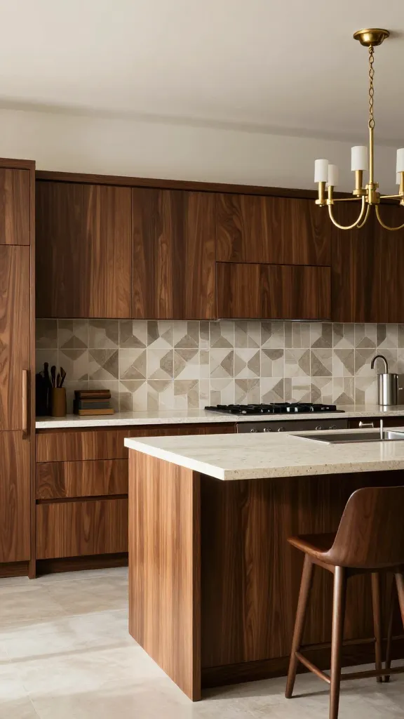 A high-resolution, realistic photograph showcasing a sophisticated Mid-Century Modern kitchen. The centerpiece is a continuous run of sleek, flat-panel dark walnut kitchen cabinets with clean lines, their rich, warm tones taking prominence. A matching dark walnut kitchen island features subtle angled legs, offering both workspace and integrated seating. Creamy terrazzo countertops with fine aggregate provide a subtle texture contrast. A geometric patterned tile backsplash in muted earthy tones adds a distinctive retro flair, while a large, iconic brass sputnik chandelier hangs prominently overhead, illuminating the space. Natural light streams in, emphasizing the luxurious wood grain and the elegant blend of form and function. Professional interior photography.