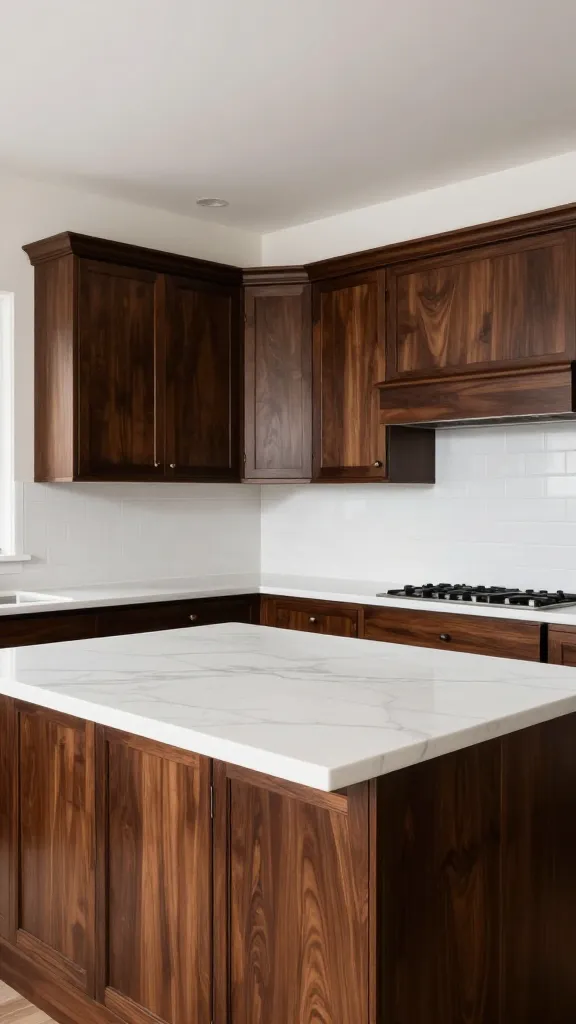 A high-quality, realistic photograph of a sophisticated transitional kitchen. The space is anchored by elegant dark cherry wood kitchen cabinets, featuring a slightly updated shaker profile, extending gracefully to the ceiling. A sleek, minimalist kitchen island with a clean waterfall edge stands centrally. All countertops, including the island, are crafted from pristine white quartz with subtle gray veining, mimicking a luxurious marble. A subtle white subway tile backsplash provides a clean, understated backdrop. The kitchen is bathed in soft, natural light, highlighting the rich wood tones and the clean, contemporary lines, creating a timeless and inviting atmosphere. No text on image.