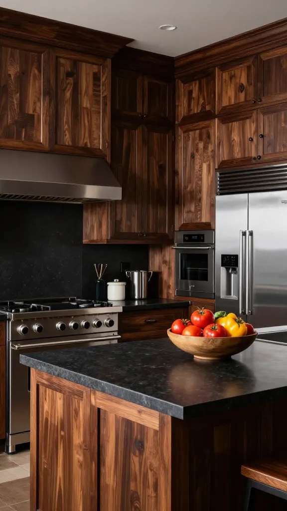 A high-resolution, professional interior photograph of a meticulously designed "Chef's Sanctuary" kitchen. The dominant feature is extensive, industrial-grade dark oak kitchen cabinets, showcasing deep, rich wood tones and a robust, handsome construction that signifies durability and heavy use. These dark wood cabinets are seamlessly integrated with professional-grade appliances in a sophisticated mix of brushed stainless steel and matte black finishes, including a large commercial range with a powerful hood, a built-in double oven, and a substantial integrated refrigerator. Durable, dark quartz countertops provide vast, functional workspace. The kitchen exudes a powerful, high-end, and functional aesthetic with clean lines. A vibrant pop of color is introduced by a large, artfully arranged bowl of fresh, colorful produce (e.g., bright red tomatoes, yellow bell peppers) on the main island. The space is well-lit with a focus on task lighting, emphasizing the textures and professional-grade finishes. No text.