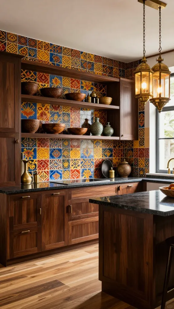 A wide shot of a luxurious kitchen designed in a 'Global Bazaar' style. The focal point is the rich, dark espresso solid wood kitchen cabinets, featuring both upper and lower units, providing a sophisticated and grounding base. A vibrant, intricately patterned cement tile backsplash with a mix of deep blues, terracotta reds, and mustard yellows extends from the countertops to the ceiling, creating a stunning visual feast. Above a section of the main countertop, open walnut shelving displays a curated collection of unique, hand-carved wooden bowls, a few antique ceramic pieces, and small brass artifacts. Hanging above a substantial kitchen island, a cluster of three different-sized ornate brass lanterns casts a warm, inviting glow. The countertops are a dark, polished quartz, and the flooring is a warm, wide-plank oak. Natural light streams in from a large window, highlighting the textures and colors. The overall scene exudes a sense of collected history and vibrant cultural richness, captured with professional interior photography quality.