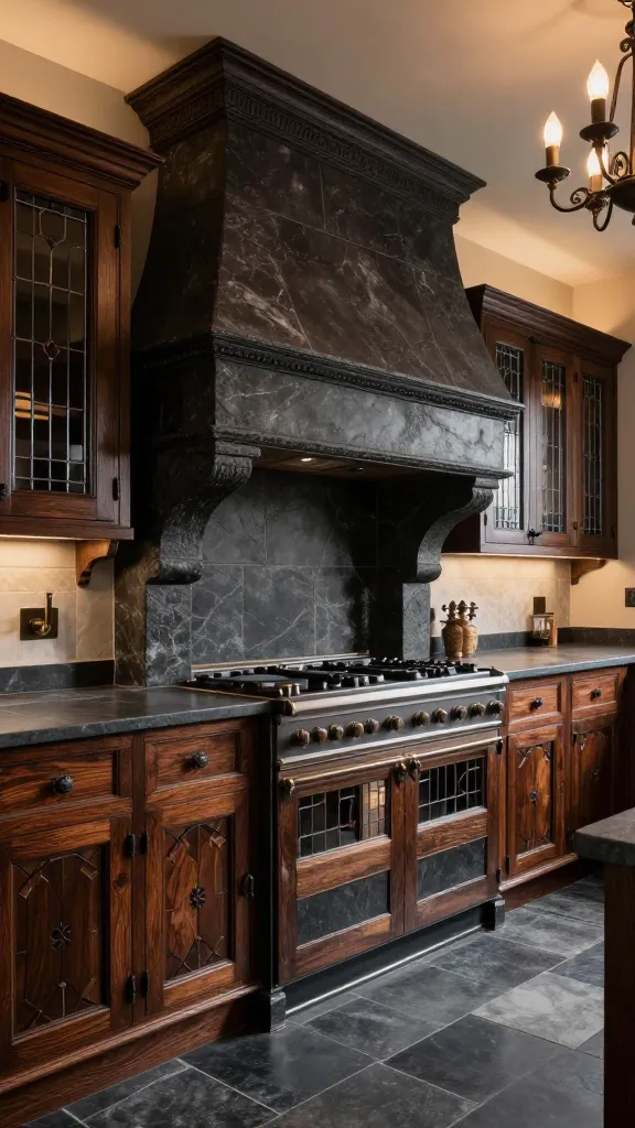 A professional, high-resolution interior photograph capturing a grand Tudor Revival kitchen. The central focus is a commanding, dramatic stone range hood, crafted from dark, roughly hewn granite with subtle, historic carvings, positioned above a professional-grade range. Extending around the kitchen are heavy, dark stained oak cabinets, featuring a rich mix of intricate, hand-carved panels and sections with delicate leaded glass inserts, all exuding a centuries-old, manor-like grandeur. The cabinets are topped with luxurious, matte dark grey soapstone countertops. The flooring consists of large, dark flagstone tiles. Warm, ambient lighting from a wrought iron chandelier and concealed LED strips highlights the deep textures and architectural details of the dark wood and stone, creating an opulent yet inviting atmosphere.