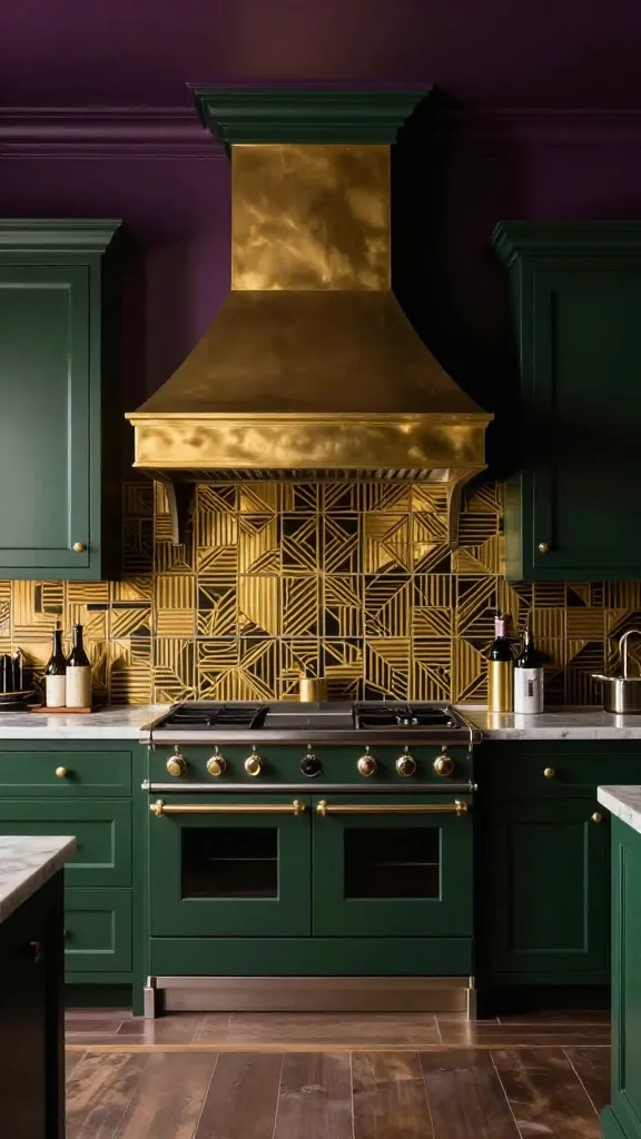 A luxurious, moody maximalist kitchen featuring stunning dark green cabinetry with opulent finishes. The walls are painted in a deep plum, creating an intimate jewel-box atmosphere. A massive, polished brass range hood stands as the prominent focal point above a high-end range. The backsplash showcases a bold geometric tile pattern in gold and black. Rich textures are evident throughout, reflecting soft, warm light. Realistic, high-quality professional interior photography, wide-angle shot, no text.