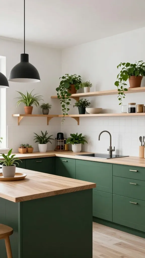 A high-quality, realistic photograph capturing a serene Scandinavian kitchen. Dark green, matte finished kitchen cabinets serve as the grounding focal point, beautifully contrasted by pale birch wood countertops and matching open shelving. The walls are painted a crisp white, making the green truly pop. Minimalist matte black pendant lights hang elegantly above a kitchen island, maintaining clean lines. Abundant live plants in various sizes are thoughtfully incorporated on the open shelves and countertops, enhancing the natural beauty and hygge aesthetic. Soft, natural light fills the space, creating an effortlessly calm and inviting atmosphere. No text.