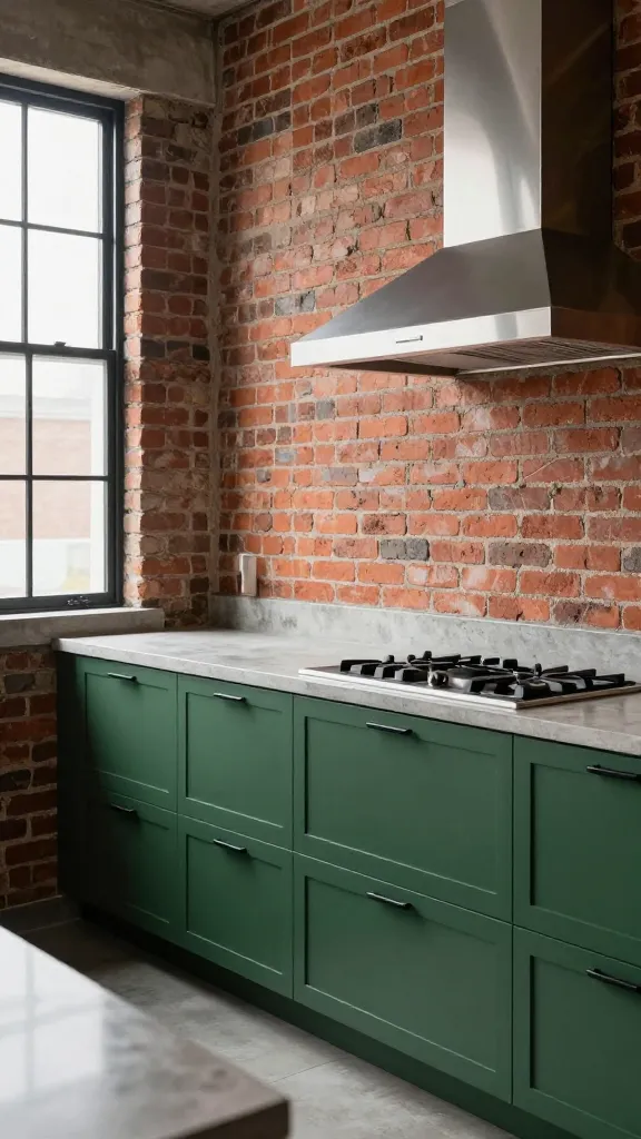 A high-resolution, realistic photograph showcasing an industrial chic kitchen. The focal point is a striking run of dark forest green flat-panel kitchen cabinets adorned with sleek black matte hardware, set against a rugged, exposed red brick wall that adds rich texture and history. Polished concrete countertops extend across the cabinetry, reflecting natural light from a large, multi-paned black metal-framed window. A stainless steel range hood is prominently featured above the cooktop, reinforcing the utilitarian elegance. The scene is captured with sharp focus and natural lighting, emphasizing the raw materials and sophisticated edge of the design. No text.
