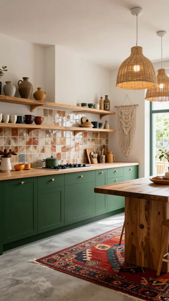 A wide, realistic, high-quality professional photograph of a vibrant bohemian kitchen. The focal point is a long run of deep, matte dark green kitchen cabinets with minimalist brass hardware, providing a grounding, earthy base. Above the light wood countertops, a textured zellige tile backsplash shimmers in a mix of earthy tones like terracotta, sand, and muted ochre, with a subtle, organic pattern. Over a rustic wooden island, two large, intricately woven natural fiber pendant lights hang, casting a warm glow. On an adjacent wall, a voluminous macrame wall hanging with intricate knotwork adds significant texture and a free-spirited touch. A colorful, patterned kilim rug with geometric designs in vibrant reds, oranges, and blues lies on the light polished concrete floor. Open shelving made from reclaimed wood displays a curated collection of artisanal pottery, hand-thrown ceramic mugs, and small collected global treasures. Abundant natural light streams in from large windows, highlighting the rich textures and eclectic details. The atmosphere is warm, inviting, and full of global charm, with no text on the image.