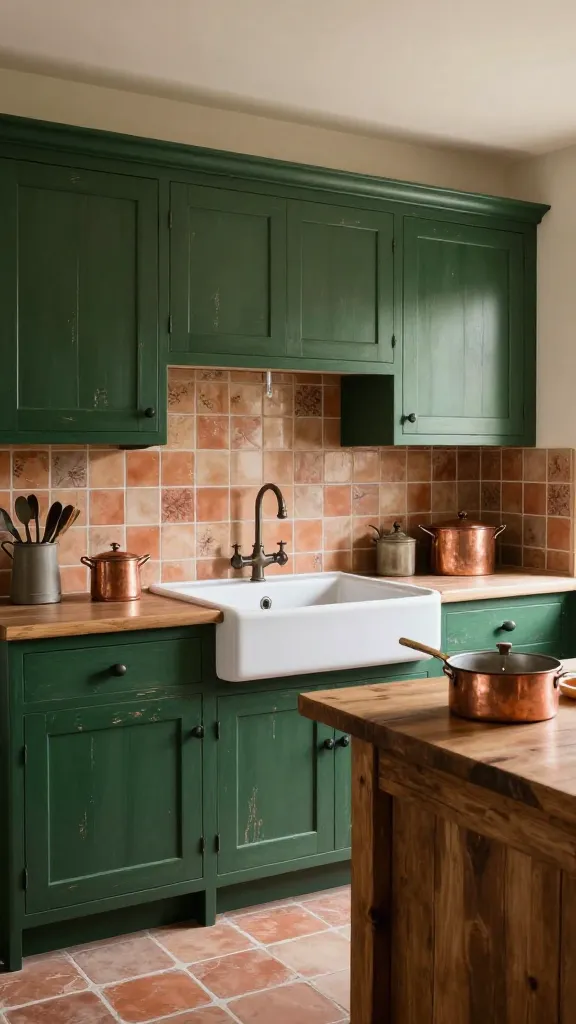 A high-quality, realistic photo capturing a charming French farmhouse kitchen. Prominently featured are dark green kitchen cabinets, subtly distressed with an aged finish. A large fireclay apron-front sink is set against a backsplash of small, traditional terracotta tiles. A rustic wooden island anchors the space, styled with vintage copper cookware. The scene is bathed in warm, inviting natural light, emphasizing the timeless, rustic elegance.