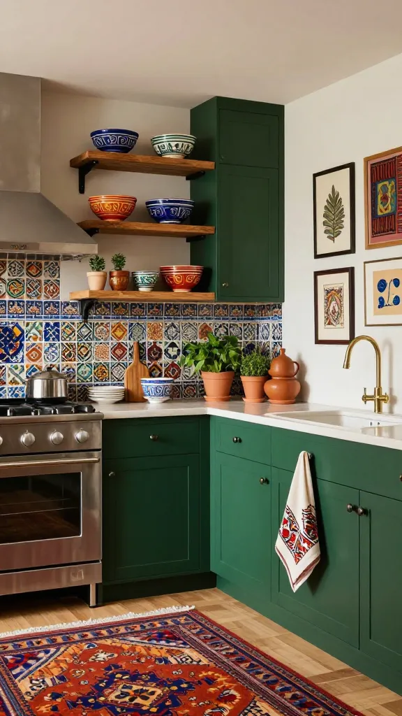 A high-quality, realistic photograph capturing an eclectic kitchen designed with global influences. Prominently featured are sophisticated, matte dark green kitchen cabinets, serving as a rich, grounding anchor. The backsplash above the countertop and range boasts a vibrant, intricate Moroccan-inspired patterned tile, featuring a mix of blues, greens, and warm terracotta hues. Open wooden shelving displays a curated collection of colorful, artisanal ceramic bowls, small terracotta pots with herbs, and unique global artifacts. A richly patterned kilim rug in warm reds, oranges, and blues lies on the light wooden floor, adding texture and color. On an adjacent wall, a gallery of diverse global art pieces, including framed textile art and intricate prints, creates a personalized touch. An embroidered dish towel with folk patterns is draped over a cabinet handle. Soft natural light illuminates the space, emphasizing the varied textures and colors. The scene is warm, inviting, and full of character. No text.
