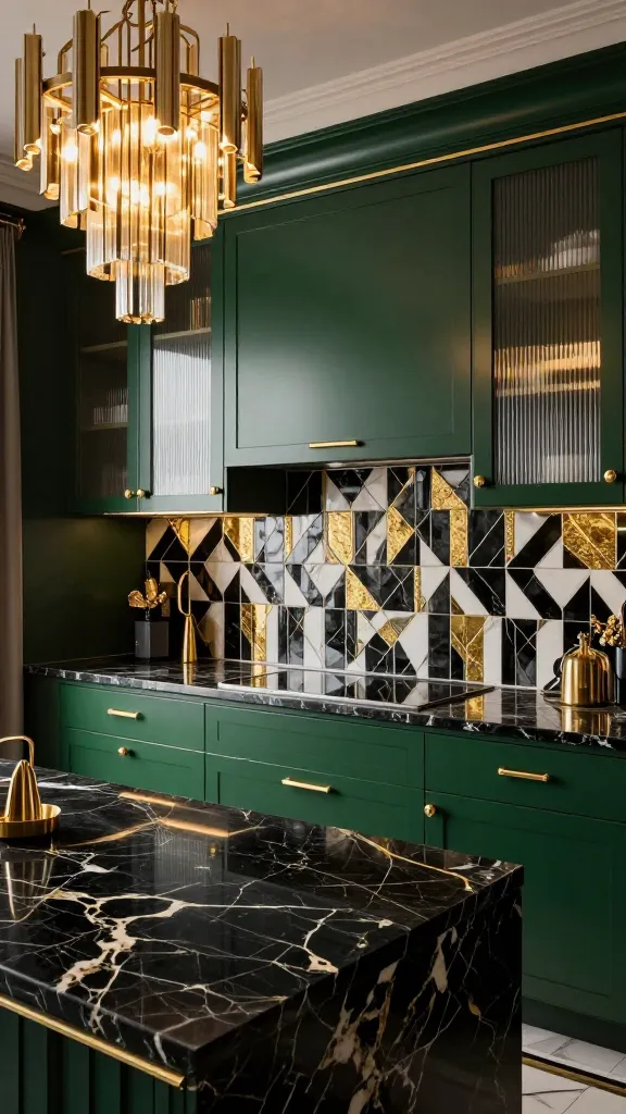 A high-angle, realistic, high-quality photograph showcasing an opulent Art Deco kitchen. The focal point is a bank of dark green kitchen cabinets, some featuring fluted glass fronts, all adorned with sleek, polished gold hardware. A dramatic backsplash behind them is composed of geometric tiles in black, white, and gold, reflecting subtle light. The luxurious countertops are crafted from black marble with prominent white and gold veining. Above, a stunning, multi-tiered Art Deco-inspired chandelier hangs, casting a warm, sophisticated glow across the space. The overall ambiance exudes sophisticated drama and roaring twenties glamour, with rich textures and metallic accents catching the light beautifully. No text.