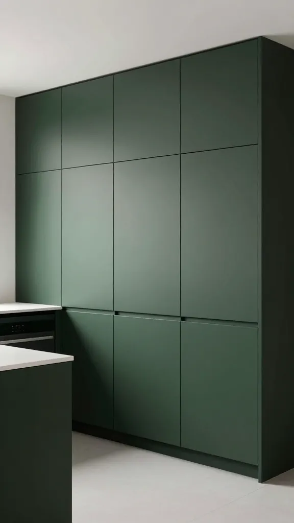 A high-resolution, professional photograph of an ultra-sleek, minimalist kitchen. The dominant feature is floor-to-ceiling dark forest green cabinetry with a matte finish, creating a sophisticated and seamless look. All appliances, including the refrigerator and dishwasher, are fully integrated and panel-ready, completely hidden behind the dark green cabinet fronts. The cabinets are handleless, contributing to the smooth, uninterrupted lines. The countertops are a simple, solid white quartz, maintaining a clean contrast. Discreet, recessed ceiling lighting subtly illuminates the space, emphasizing the absence of visual clutter and exuding modern elegance. No text.