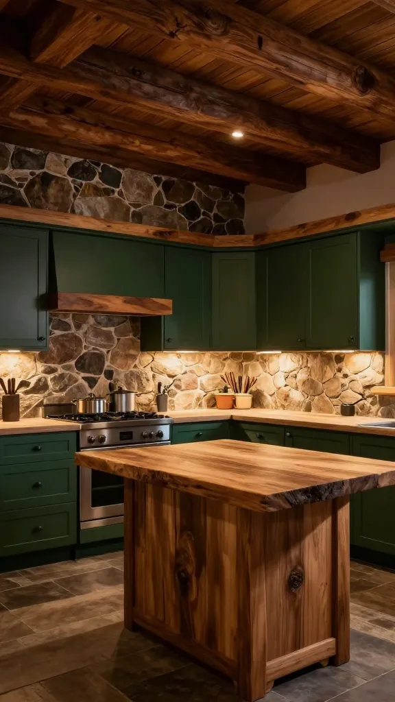 A wide, inviting shot of a rustic kitchen in a cozy mountain lodge. Prominent dark green kitchen cabinets with a matte finish line the walls. Exposed, dark wooden ceiling beams stretch across the frame above, while a feature wall crafted from natural, rough-hewn stone in earthy tones forms a striking backdrop. The countertops are made of thick, rough-hewn natural wood, showcasing its rich grain and texture. A large, sturdy wooden kitchen island with a matching wooden top stands centrally, acting as the heart of the space. The room is bathed in warm, dimmable ambient lighting, casting a soft, cozy glow and highlighting the textures of wood and stone, creating a grounded, natural, and incredibly inviting atmosphere. High-quality, realistic photo, no text.