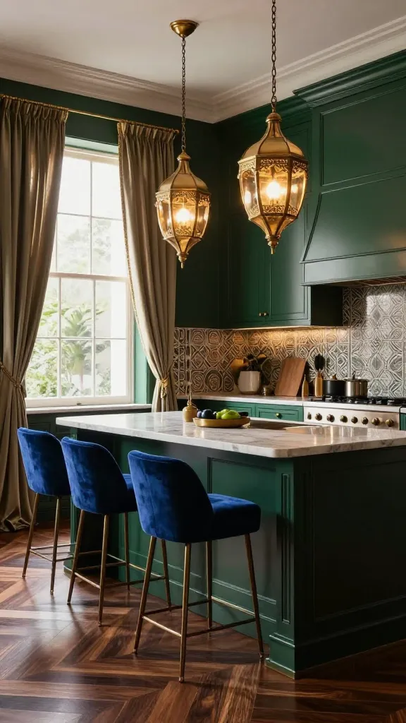 A high-quality, realistic photo of a luxurious kitchen designed in a Glamorous Global Fusion style. Prominent deep, dark green kitchen cabinets with a sleek finish line the walls, beautifully contrasted by rich, dark walnut wood flooring. The backsplash features intricate, subtly metallic patterned tiles, evoking a Moroccan or geometric Art Deco influence. Elegant velvet counter stools in a deep sapphire blue are pulled up to a substantial kitchen island. Sheer silk curtains in a muted gold frame a large window, adding a touch of softness and luxury. Above the island, two large, ornate brass-finished statement pendant lights with an exotic, lantern-inspired design cast a warm, inviting glow. The scene is rich with layered textures, sophisticated opulence, and a captivating blend of global influences, all bathed in natural light. No text.
