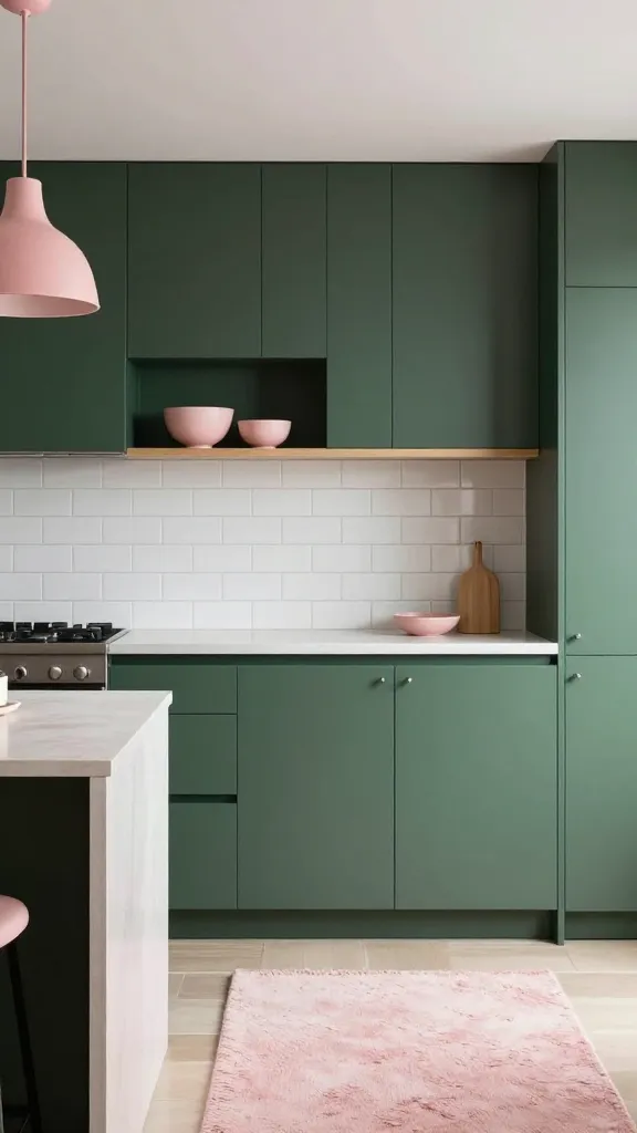 A high-quality, realistic photograph of a modern kitchen interior, bathed in soft natural light. The central feature is sleek, matte dark green kitchen cabinets, providing a deep, sophisticated base. Above a simple, clean white subway tile backsplash, minimalist light wood open shelving displays a couple of delicate blush pink decorative bowls. A single, elegant blush pink pendant light hangs gracefully over a light-toned kitchen island, casting a warm glow. A small, textured blush pink area rug lies on the floor, adding a playful pop of color. The design feels both sophisticated and wonderfully whimsical. No text.