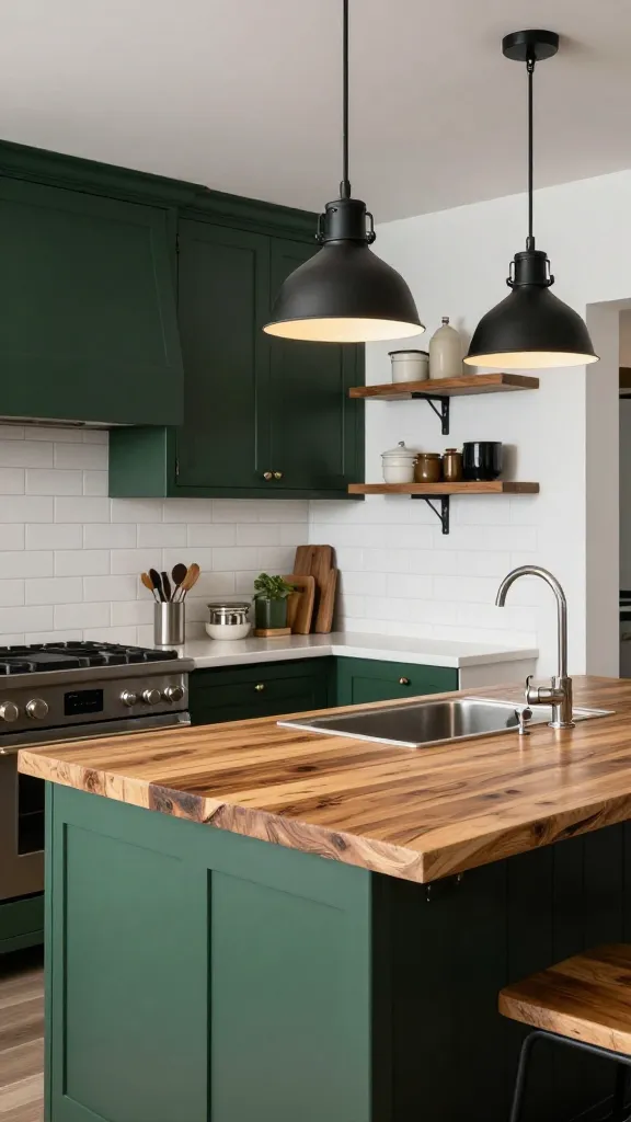 A professional, high-resolution photograph showcasing a stunning industrial farmhouse hybrid kitchen. The prominent feature is the rich dark green kitchen cabinetry, creating a sophisticated and grounded aesthetic. A substantial kitchen island takes center stage, boasting a beautifully textured reclaimed wood countertop. Above the island, a trio of sleek, black metal industrial-style pendant lights hangs, casting a warm glow. The backsplash behind the counters is composed of classic white subway tiles, meticulously installed in a modern vertical pattern. Nearby, open shelving with sturdy black pipe supports displays a curated collection of kitchen essentials. The overall atmosphere is a harmonious blend of rustic charm and industrial chic, bathed in soft, natural light. Realistic, high-quality image, no text.