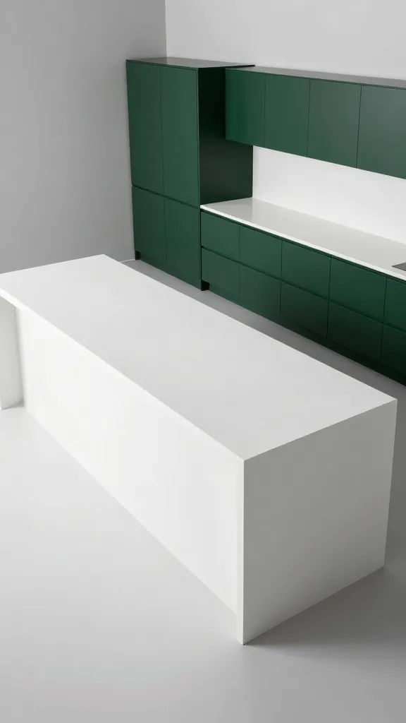 A high-angle, bright, realistic photograph of a luxurious, contemporary kitchen. Dominating the center is a striking, pristine white quartz waterfall island, its surface and sides seamlessly flowing down to the floor, creating an architectural, monolithic look. Along one wall, sleek, handleless dark green base cabinets provide a bold contrast. The walls are painted a very light grey, enhancing the sharp, modern aesthetic. Natural light streams in, highlighting the polished surfaces of the quartz and the rich, deep tone of the dark green cabinetry. The space is minimalist, sophisticated, and utterly sleek, with no clutter or text.