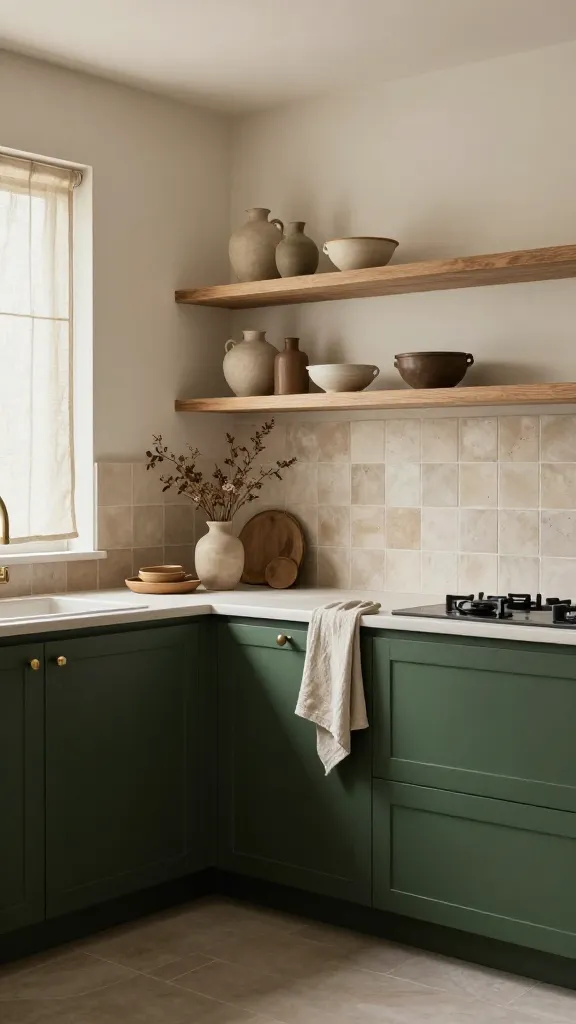 A high-quality, realistic interior photograph of a serene, earthy kitchen. The central focus is dark green shaker-style kitchen cabinets, which anchor the space. A backsplash of handmade, unglazed natural clay tiles adds tactile texture. Walls are painted in a warm off-white. Above the counter, raw wood open shelving displays a curated collection of artisanal pottery in muted, natural tones and a small vase holding dried botanicals. Simple natural linen cafe curtains adorn a nearby window, and a linen dish towel is casually draped over a cabinet pull. Soft, diffused natural light fills the room, highlighting the organic aesthetic. Professional interior design photography, no text.