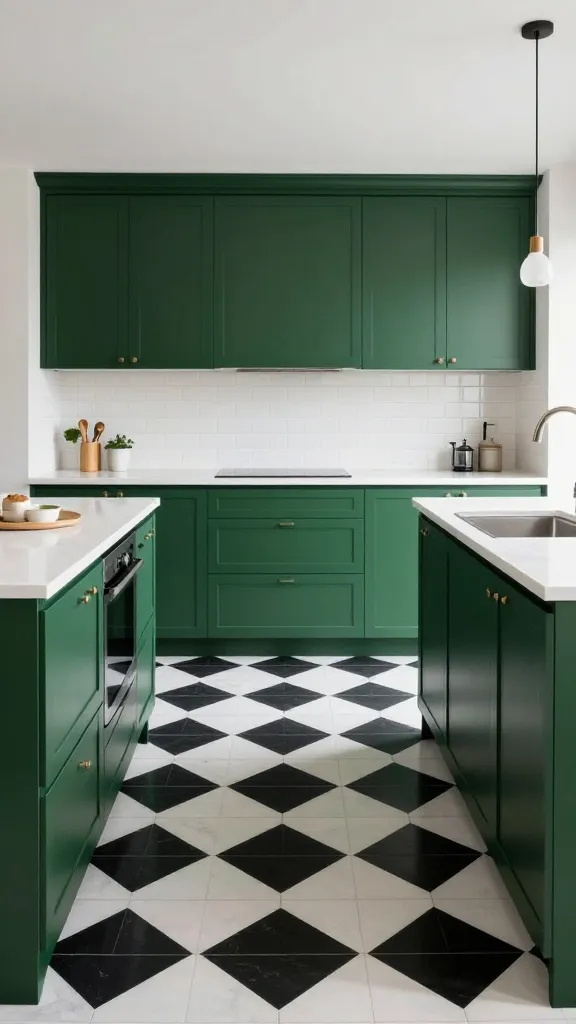 A high-quality, professional interior design photograph showcasing a modern kitchen. The focal point is the rich, deep forest green kitchen cabinets which comprise both upper and lower units, exuding sophistication. These cabinets are perfectly balanced by a striking, dynamic floor covered in bold black and white geometric patterned tiles, such as large hexagonal or diamond shapes, creating immediate visual impact. The countertops are clean white quartz, and the backsplash is simple, plain white subway tile, ensuring the floor remains the star. Above a sleek, minimalist kitchen island, two understated, slender pendant lights hang, providing focused illumination. The space is bright, airy, and meticulously styled, emphasizing the playful yet elegant contrast. Natural light fills the room. No text on images.