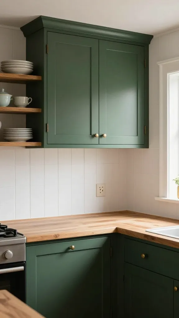A high-resolution, realistic interior design photograph of a warm and incredibly inviting cozy cottage kitchen, bathed in soft, natural light. The centerpiece is the sophisticated dark green kitchen cabinetry, which grounds the space with a sense of depth and charm. These cabinets are perfectly complemented by crisp white beadboard paneling used on the walls and as a backsplash, adding delightful texture and a quaint cottage aesthetic. A thick, sturdy wooden butcher block countertop provides a warm, natural surface. Above the counter, open shelving elegantly displays an assortment of vintage dishes. The cabinet doors are fitted with simple, charming brushed nickel hardware. The overall atmosphere feels like a gentle hug, with no text on the image.