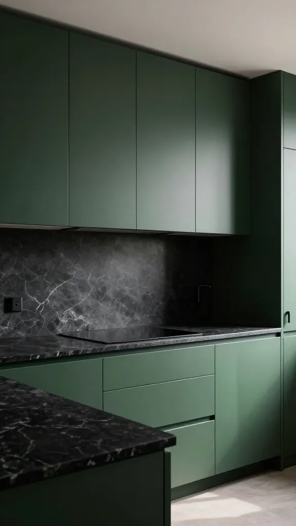 A high-quality, realistic professional photograph capturing a dramatically chic and utterly luxurious modern kitchen. The focal point is sleek, flat-panel dark green kitchen cabinets, commanding attention. They are perfectly paired with sophisticated, honed black granite countertops that exude a powerful, modern elegance. A seamless, dark grey slab backsplash creates a cohesive and refined envelope. The cabinets are adorned with understated matte black bar pulls, enhancing the sleek aesthetic. Soft, natural light streams in, highlighting the rich textures and deep tones, creating an atmosphere of sophisticated grandeur. No people, no text.