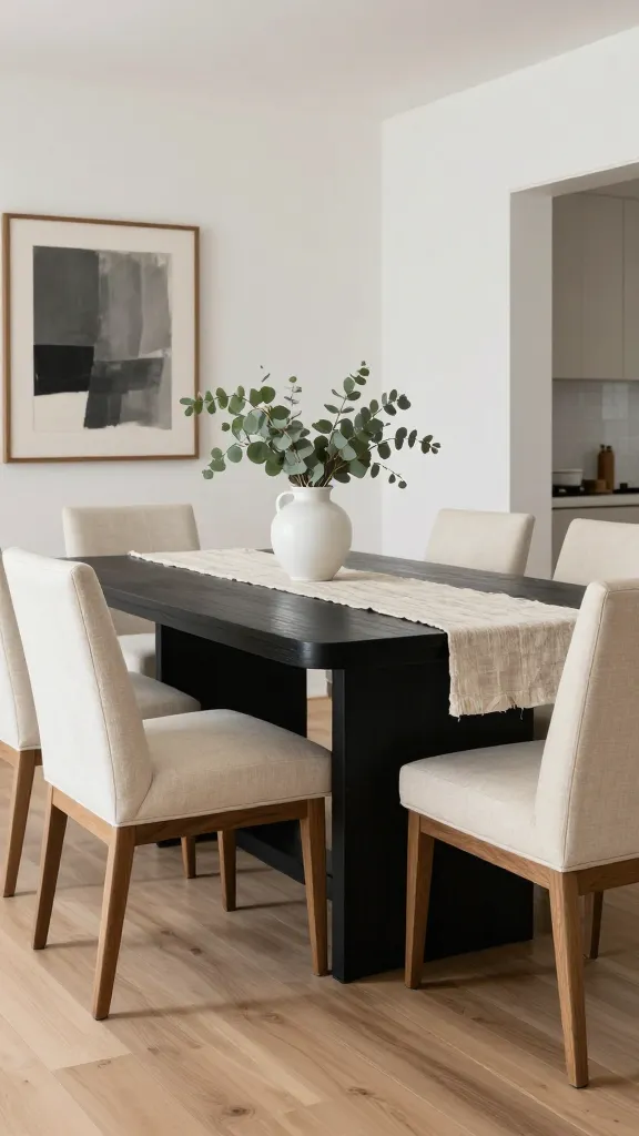 A high-quality, realistic photo of a modern farmhouse dining room. A prominent, sleek black rectangular dining table stands at the center, exuding an unexpected chic edge. It is surrounded by six elegant dining chairs, upholstered in a warm cream linen fabric with visible natural wood frames and legs, blending rustic warmth with contemporary polish. A simple, natural-toned linen farmhouse runner drapes across the table, adorned with a minimalist white ceramic vase holding fresh, soft green botanical elements like eucalyptus branches. The room is bathed in soft, natural light, illuminating warm white walls and wide plank natural wood flooring. Subtle accents of charcoal grey are incorporated through a framed piece of abstract art on the wall, adding depth and contrast. The overall ambiance is cozy, inviting, and sophisticated.