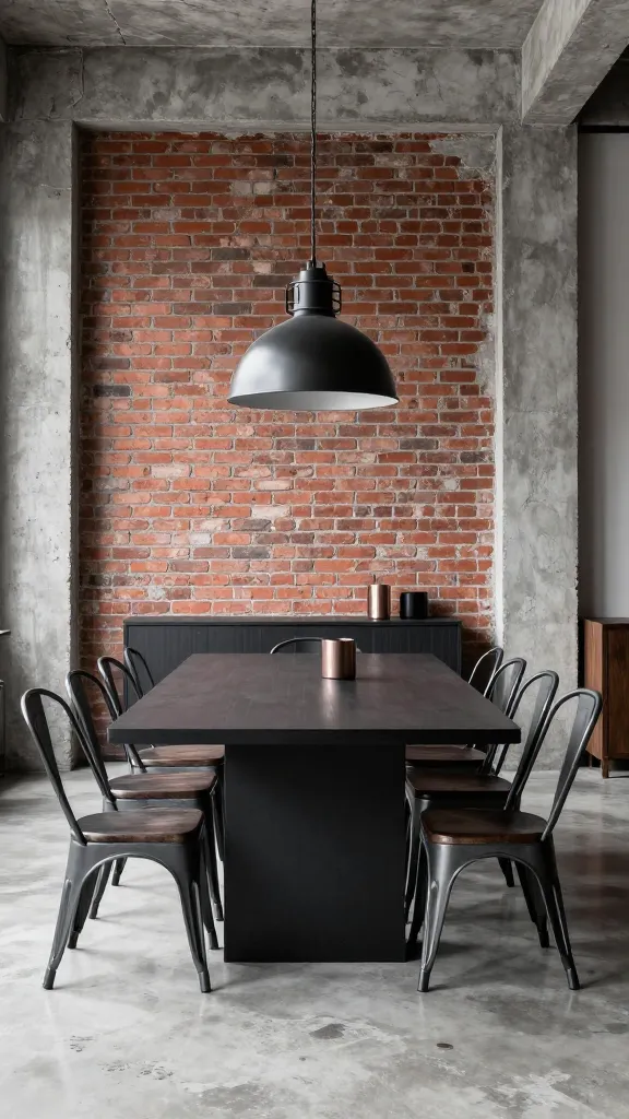 A high-quality, realistic interior photograph of an industrial-style dining area in an urban loft. A sleek, matte black rectangular dining table is the central focus, surrounded by dark grey metal Tolix chairs with dark wood seats. The backdrop features a prominent exposed red brick wall, contrasting with gritty grey concrete surfaces and dark metal accents. A single, large industrial-style black metal cage pendant light hangs directly above the table. The polished concrete floor reflects the minimalist, unpretentious aesthetic. Subtle metallic elements in copper and brushed steel are incorporated, perhaps as a simple centerpiece or on a nearby dark wood credenza. The overall atmosphere is strong, effortlessly cool, and metropolitan, with a color palette dominated by black, gritty greys, and white, warmed by the brick and dark wood.