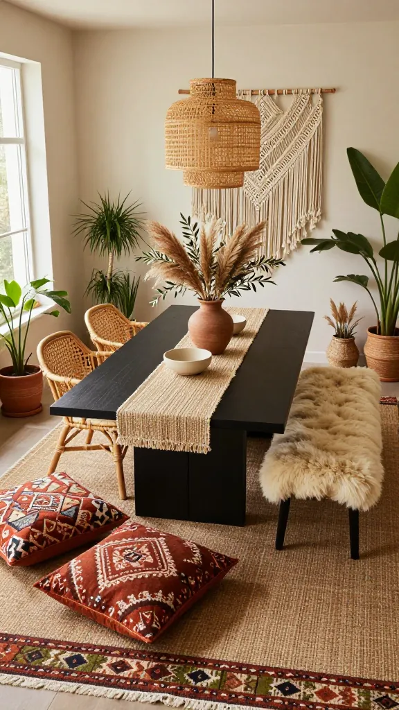 A high-angle, eye-level shot of a bohemian-chic dining room, bathed in soft, warm natural light streaming from a large window. A sleek, matte black rectangular dining table stands as the grounding centerpiece, its dark surface providing a strong contrast. Around it, a curated mix of seating: two natural rattan dining chairs with intricate woven details are placed on one side, while a plush, off-white sheepskin bench occupies another. Two oversized patterned floor cushions in terracotta and rust tones are casually arranged on the floor nearby, inviting relaxed comfort. The table is adorned with a textured natural jute runner, an artisanal terracotta vase holding a generous arrangement of dried pampas grass and fresh olive branches, and a couple of cream ceramic bowls. In the background, a large, intricate macrame wall hanging with long fringes and geometric patterns dominates a light cream wall, adding a focal point. The floor is layered with a large natural fiber rug, topped by a smaller, vibrant kilim rug featuring patterns in rust, olive green, and cream. Various potted plants in woven baskets and terracotta pots are strategically placed throughout the room, adding lush greenery and natural textures. A large, sculptural rattan pendant light with an open weave hangs gracefully above the table. The overall atmosphere is relaxed, eclectic, and well-traveled, showcasing rich textures and a warm, inviting color palette of earth tones, creams, and pops of vibrant patterns. High-quality photography, realistic, detailed, no text.