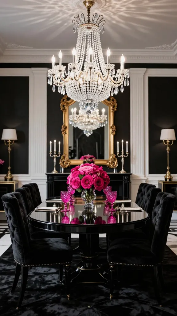 A high-quality, realistic photograph capturing a glamorous Hollywood Regency dining room. In the foreground, a sleek, polished black dining table stands as the centerpiece, reflecting the light. It is elegantly surrounded by eight tufted black velvet dining chairs, each adorned with subtle gold nailhead trim. Directly above the table, a magnificent multi-tiered crystal chandelier hangs, sparkling brilliantly and casting intricate light patterns. The room's palette is a striking high-contrast black and white, with abundant polished gold accents visible in the chandelier's frame, decorative objects on the table like tall candelabras, and a large, ornate mirror with a gold frame. A vibrant pop of fuchsia is introduced through a lavish floral centerpiece on the table and delicate fuchsia-colored glassware. The overall atmosphere is one of sophisticated old-school Hollywood glamour, dripping with sparkle and drama, showcasing luxurious fabrics and highly polished surfaces.