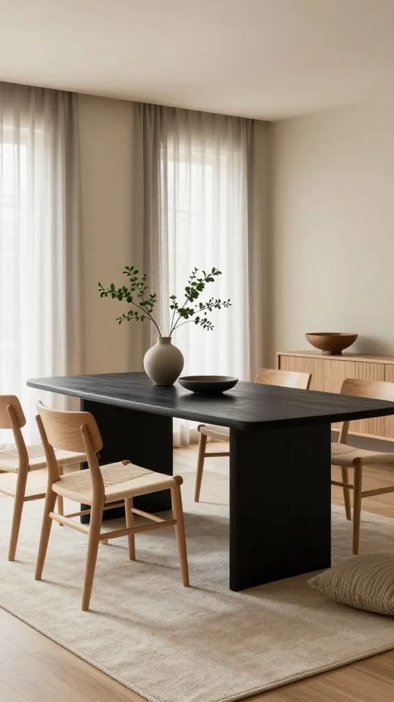 A high-quality, realistic, professional photograph of a serene Japandi fusion dining room. A striking, matte black rectangular dining table serves as the elegant focal point, anchoring the space. It is surrounded by four to six simple, ergonomic dining chairs crafted from light natural wood, some featuring delicate woven paper cord seats or backrests. The room's palette is a harmonious blend of warm neutrals: soft beige walls, a plush cream-colored rug grounding the dining area, and sheer light grey linen curtains allowing diffused natural light to flood the room. Deeper natural wood tones are subtly incorporated through a minimalist side console or a decorative wooden bowl. Accents of deep forest green are introduced through a single, artfully placed branch in a simple ceramic vase on the black table, and perhaps a small, textured throw pillow on a nearby low bench. The space exudes tranquility, balance, and understated elegance, with clean lines, natural materials, and a cozy yet minimalist aesthetic. Soft, bright natural light highlights the textures and warm tones. No text.