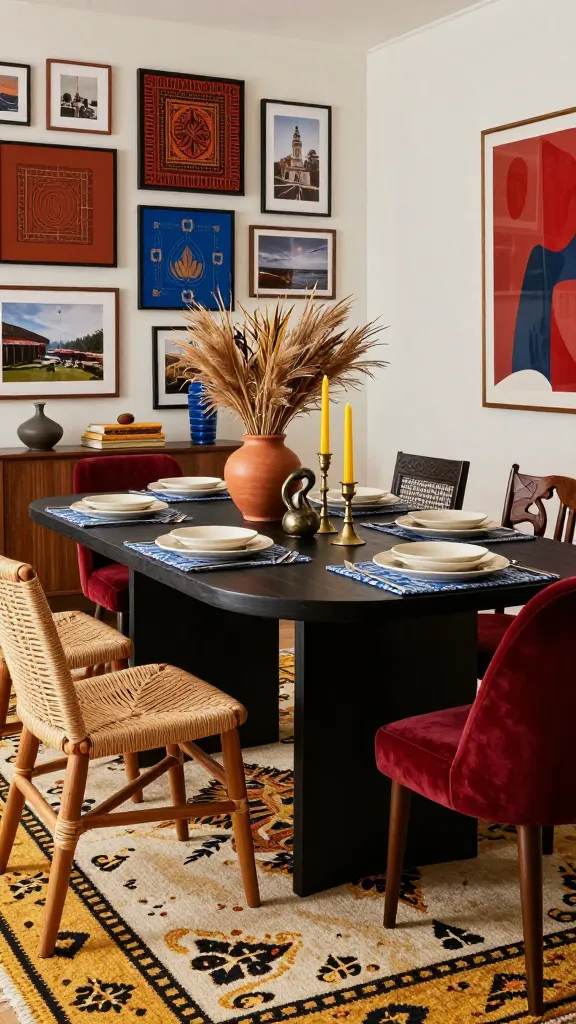 A high-resolution, professional photograph of a vibrant and curated eclectic dining room. A sleek black dining table stands as the central anchor, surrounded by an artful mix-and-match collection of chairs: a woven rattan chair, a deep red velvet upholstered chair, and a carved dark wood chair, each contributing to a global aesthetic. The table is sumptuously set with cream dinnerware layered over indigo blue patterned placemats, complemented by a centerpiece featuring a terracotta vase filled with dried grasses, saffron yellow pillar candles in aged brass holders, and a small bronze sculpture. In the background, a gallery wall displays an array of framed global textiles, travel photographs, and abstract art in rich terracotta, indigo blue, and deep red hues. A large area rug with a bold, ethnic-inspired pattern in cream, black, and saffron yellow grounds the space. Natural light bathes the room, highlighting diverse textures from woven baskets to polished wood and metallic accents. The overall scene exudes a collected, well-traveled, and inviting atmosphere, a true feast for the eyes.