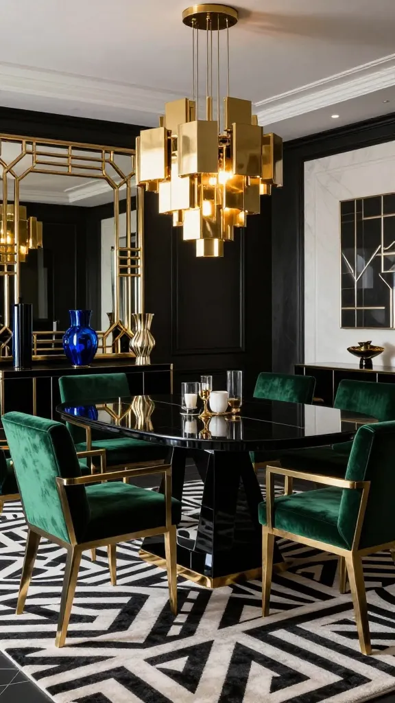 A high-quality, realistic professional photo of a luxurious Art Deco dining room. The centerpiece is a sleek, modern black dining table, serving as a dark canvas. Surrounding it are dining chairs with elegant, geometric brass frames and plush emerald green velvet upholstery. Above the table hangs a stunning, multi-tiered geometric chandelier made of gold and brass. The room features a striking high-contrast black and white palette, with a bold geometric patterned rug grounding the space and a large, ornate mirror with a gold geometric frame reflecting the room. Deep sapphire blue accents are subtly incorporated through decorative items like a vase on a nearby credenza. The overall atmosphere is glamorous, opulent, and sophisticated, evoking the Roaring Twenties with streamlined forms and abundant metallics. The lighting is soft and ambient, highlighting the textures and metallic sheens. No text on images.