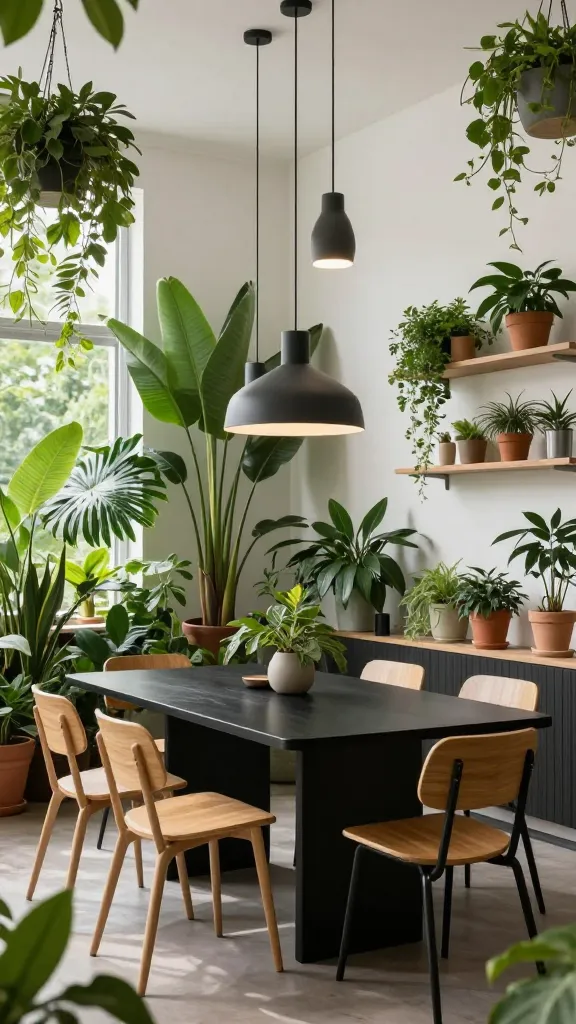 A high-quality, realistic photograph captures a sophisticated urban jungle dining room. A sleek, modern black dining table is the focal point, surrounded by simple, minimalist chairs made of light natural wood and black metal. Above the table, a cluster of various modern pendant lights hangs at different heights, casting a soft, inviting glow. The room is a vibrant botanical oasis, overflowing with lush, diverse greenery: large potted floor plants, cascading hanging plants, and smaller plants in terracotta pots and on natural wood shelves. Crisp white walls provide a clean backdrop, accentuating the abundant greens, earthy brown tones, and the striking black of the table. Natural light streams in, highlighting the textures of the leaves and the clean lines of the furniture, creating an invigorating and serene atmosphere reminiscent of a chic, modern greenhouse. No text.