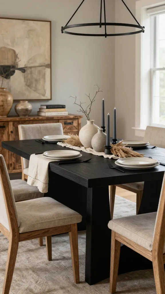 A high-quality, realistic photograph of a dining room showcasing "Rustic Elegance Reimagined." A sleek, matte black rectangular dining table stands as the sophisticated, grounding centerpiece. It is surrounded by dining chairs featuring distressed light oak wood frames and soft, textured oatmeal-colored linen upholstery. The table is elegantly set with a natural cream linen runner, simple yet refined ceramic dinnerware in a soft off-white, and matte black cutlery. The centerpiece is a low, elongated arrangement of dried pampas grass, delicate natural branches, and a few artisanal ceramic vases in varying neutral tones (cream, greige), interspersed with tall pillar candles in deep charcoal holders. In the background, a reclaimed wood sideboard with a visibly distressed finish holds a curated display of textured pottery, a stack of vintage-look books, and a large, abstract art piece with warm neutrals and subtle charcoal accents. The walls are painted in a soft greige. Soft, warm ambient lighting emanates from a modern, subtly rustic chandelier with a black metal frame above the table, complementing the natural light filtering in from a nearby window. The image emphasizes the interplay of natural textures—smooth black, rough wood grain, soft linen, matte ceramics—creating a cozy, inviting, and elevated atmosphere. Shot from a slightly elevated perspective, showcasing the entire table and a good portion of the surrounding room with natural depth of field.