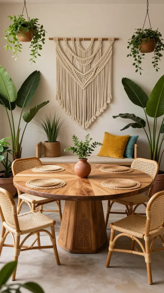 A high-angle, ultra-realistic, professional interior photograph of a stunning bohemian dining area, bathed in warm, natural light. The focal point is a round mango wood dining table with a beautifully rustic finish and subtle, intricate carvings on its pedestal base. Surrounding it are an eclectic mix of mismatched rattan chairs and a low bench, all featuring woven seats, contributing to a relaxed, free-spirited vibe. The dominant color palette consists of earthy neutrals like cream, beige, and terracotta, richly complemented by deep green from an abundance of various potted plants, including large floor-standing varieties and smaller hanging ones, strategically placed throughout the space. A large, intricately knotted macramé wall hanging serves as a prominent textured backdrop on one wall. Subtle pops of mustard yellow are introduced through textiles like woven placemats, while a hint of fuchsia or teal can be seen in a small ceramic vase or a decorative cushion on the bench. The scene is meticulously styled to evoke a globe-trotting adventure, showcasing layers of natural textures and creating an inviting, comfortable atmosphere, devoid of people or text.