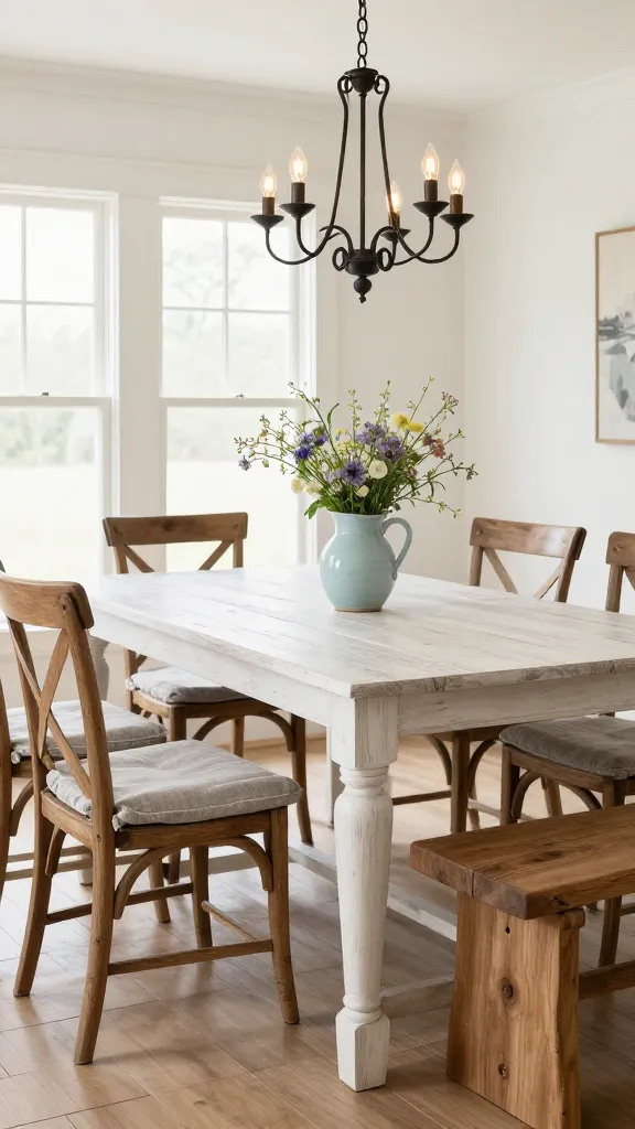 A high-quality, realistic, professional photograph of a warm and inviting farmhouse-style dining room. The central focus is a large, rectangular dining table, prominently displayed, featuring a beautifully distressed white finish and chunky, turned legs that exude rustic charm. Surrounding the table are several natural wood cross-back chairs with subtly textured soft grey linen seat cushions, and a long, natural wood bench positioned along one side, suggesting ample space for family gatherings. Above the table, a rustic chandelier with intricate black iron details and vintage Edison bulbs provides a warm, ambient glow. The room's color palette is dominated by creamy white walls and trim, complemented by natural wood tones in the wide-plank flooring and seating. Subtle touches of pale blue appear in a ceramic pitcher filled with fresh, simple wildflowers arranged as a centerpiece on the table. Soft, diffused natural light streams in from large windows, creating a cozy and welcoming atmosphere. The image captures the character of a country home, with a shallow depth of field that keeps the dining table sharply in focus. No text.