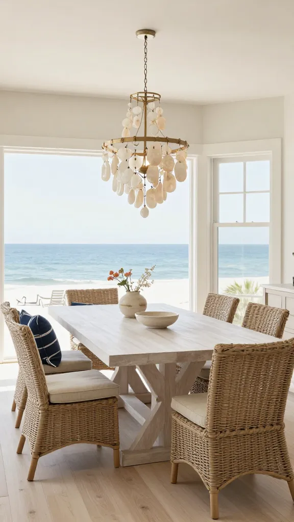 A high-resolution, professional photograph of a serene and inviting coastal dining room. The central element is a long, rectangular whitewashed wood dining table with a distinct trestle base, perfectly centered in the frame. Around the table are elegantly arranged wicker dining chairs, some featuring light sandy beige linen cushions. A stunning capiz shell chandelier hangs gracefully above the table, providing a soft, ambient light. The room's palette is dominated by whitewashed wood and sandy beige tones on the walls and light wood flooring, creating a bright and airy atmosphere. Subtle navy blue accents are present in decorative elements like a patterned throw pillow on an end chair and a small ceramic bowl on the table. A hint of coral is introduced through delicate floral arrangements in a vase. Natural light floods the space from large windows, enhancing the relaxed, beach-house vibe. The styling is clean, sophisticated, and evokes a laid-back vacation feel. No text.