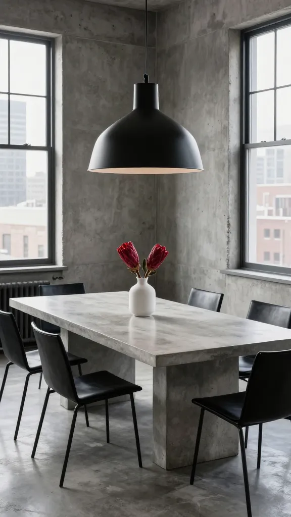 A high-angle, realistic, high-quality photograph showcasing a sophisticated urban loft dining area. The centerpiece is a striking, smooth, polished concrete dining table, exuding a minimalist yet robust presence. Around it, sleek matte black steel frame chairs with dark, luxurious leather seats are perfectly arranged. An oversized, matte black industrial pendant lamp hangs directly above the table, providing focused, dramatic lighting. The backdrop features raw, exposed concrete walls and polished concrete floors, with large industrial-style windows subtly revealing a blurred city skyline. On the table, a single, minimalist white vase holds a vibrant deep red protea flower, offering a powerful pop of color against the dominant concrete grey, matte black, and crisp white palette. The scene is meticulously styled to convey a raw, edgy, and undeniably cool modern industrial aesthetic, captured with sharp focus and natural light.