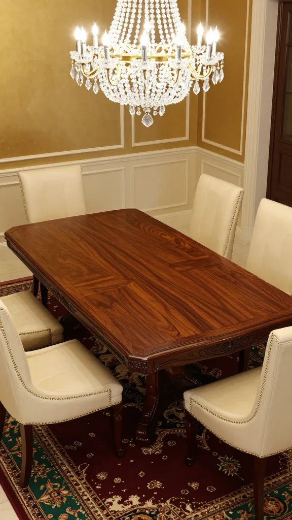 A high-angle, realistic, high-quality photograph of a grand traditional dining room. The centerpiece is a large, extendable dining table crafted from deep mahogany wood, featuring intricate carvings along its apron and substantial pedestal base. Surrounding the table are high-backed dining chairs upholstered in a luxurious cream fabric with elegant gold nailhead trim. Above the table, a sparkling multi-tiered crystal chandelier provides warm, ambient light. Beneath the table, a traditional Persian rug with rich burgundy and forest green patterns grounds the space. The room exudes timeless elegance with subtle gold-toned walls, possibly featuring classic wainscoting, and a general sense of opulence and formal luxury. The focus is sharp on the dining table and chairs, showcasing the rich textures and ornate details.