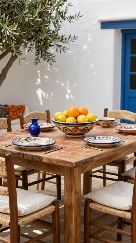 A high-quality, realistic photograph of a sun-drenched Mediterranean dining area, exuding warmth and rustic charm. At the heart of the scene is a sturdy, rustic wood dining table, its surface featuring subtle terracotta-toned tiled inlays. Arranged around it are woven rush chairs, some softened with creamy white linen cushions. The table is thoughtfully styled with hand-painted ceramic serving dishes and bowls in earthy tones, displaying patterns that subtly incorporate olive green and terracotta. A large, vibrant bowl overflowing with fresh lemons and oranges sits as a natural centerpiece. Accents of cobalt blue are subtly introduced through a small ceramic vase or a decorative piece, while hints of burnt orange might appear in a nearby textile or a single ceramic item. The overall ambiance is relaxed and inviting, with natural textures from the wood, rush, and ceramics, set against a backdrop of whitewashed walls and possibly some soft, dappled light filtering through nearby olive foliage. No text.