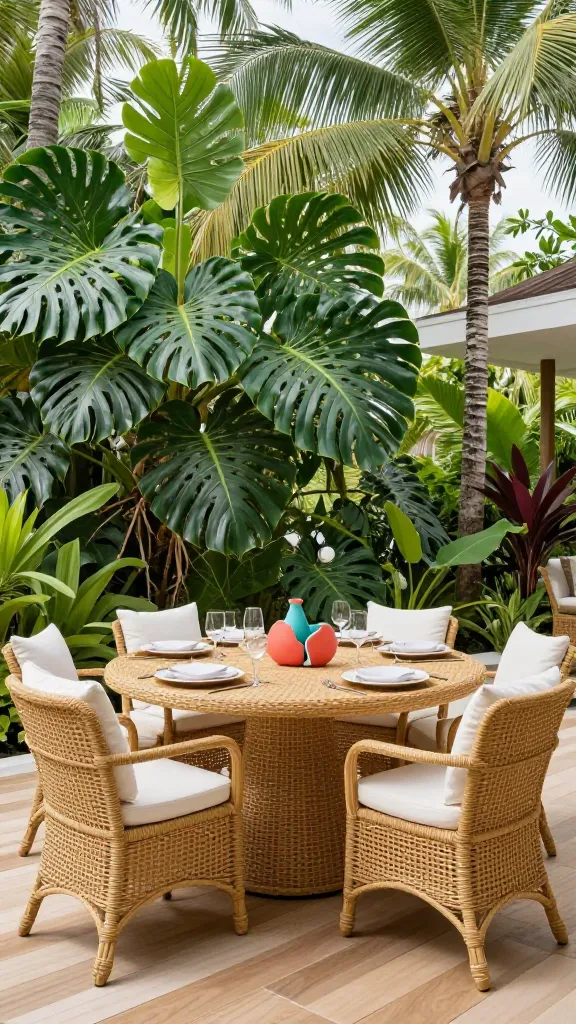 A high-quality, realistic photograph capturing a luxurious tropical retreat dining room, bathed in bright, natural daylight. The focal point is a large, round natural rattan dining table, elegantly set for a relaxed meal. Surrounding the table are six woven rattan dining chairs, each featuring thick, crisp white cushions. The room is transformed into an exotic escape with an abundance of vibrant, lush greenery, including towering monstera plants and elegant palm trees strategically placed to create a resort-like atmosphere. The light-toned wooden floor complements the natural rattan and wood tones. Subtle pops of coral and turquoise are visible in decorative elements like a small vase or a bowl on the table, adding a vibrant touch to the dominant palette of greens, whites, and natural textures. The overall scene evokes a serene, inviting permanent staycation, deeply connected to nature. No text on image.