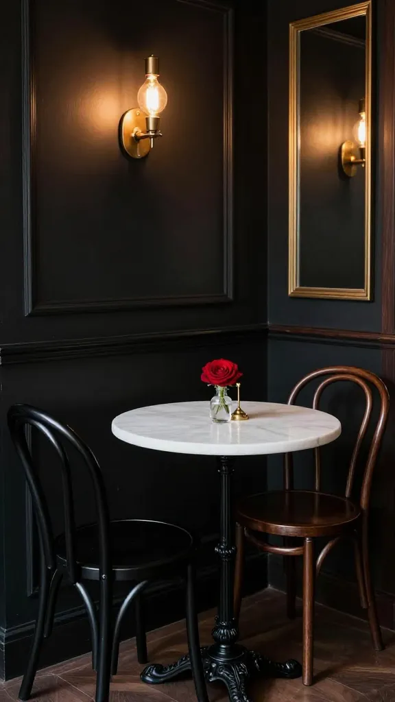 A high-quality, realistic photo of an intimate Parisian bistro-style dining nook. A small, round white marble-top bistro table with an ornate black cast-iron base stands prominently in the foreground. Two classic Thonet bentwood chairs, one in a rich black and the other in a dark espresso wood tone, are neatly arranged around the table. The background features a sophisticated dark charcoal wall, adorned with a simple, elegant brass wall sconce emitting a warm, soft glow from a vintage Edison bulb. Adjacent to the sconce, a rectangular framed mirror with a subtle brass or dark wood frame reflects a hint of ambient light. On the marble tabletop, a small, clear glass vase holds a single deep red rose, accompanied by a slender brass candlestick. The scene is bathed in soft, diffused lighting, creating an effortlessly chic, romantic, and inviting atmosphere with a dominant palette of black, white, and dark wood, accented by brass and a touch of deep red. No text.