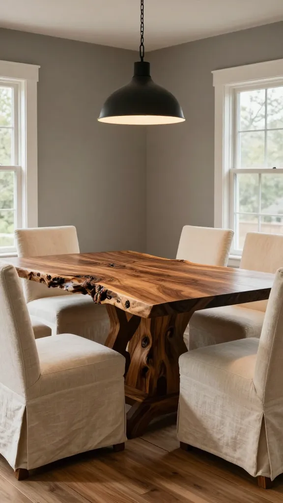 A high-resolution, professional photograph of a rustic chic dining room. The focal point is a breathtaking, large live-edge dining table crafted from deep, rich natural wood, prominently showcasing its unique, organic shape and intricate grain. Surrounding the table are comfortable, upholstered dining chairs in a warm cream linen fabric, providing a refined contrast. Above the table, a simple, industrial-style pendant light with a matte black finish casts a warm, inviting glow. The room features warm grey walls, a wide-plank wooden floor, and understated cream decor accents. Natural light softly streams in from a large window, enhancing the textures and creating a grounded, authentic, and incredibly stylish ambiance.