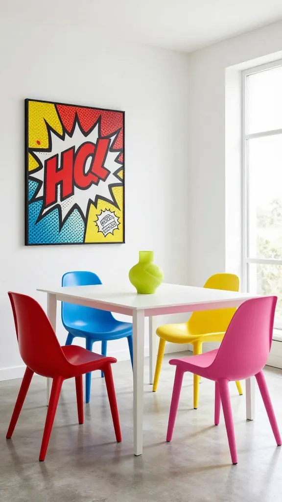 A high-resolution, professional interior photograph of a modern dining room designed in a playful Pop Art style. The centerpiece is a sleek, simple white lacquered rectangular dining table. Around it, four mismatched plastic dining chairs stand out in vibrant, contrasting colors: one bright red, one electric blue, one sunny yellow, and one hot pink, each with a contemporary design. On the clean white wall behind the table, a large, bold graphic Pop Art print in the style of Roy Lichtenstein, featuring comic book-style imagery with strong black outlines and primary colors, commands attention. On the table, a quirky, lime green sculptural vase acts as a minimalist centerpiece. The room features a polished light grey concrete floor and is bathed in abundant natural light from a large window, creating a cheerful and energetic atmosphere. The focus is sharp on the dining table and chairs, with vibrant colors popping against the clean background. No text on image.