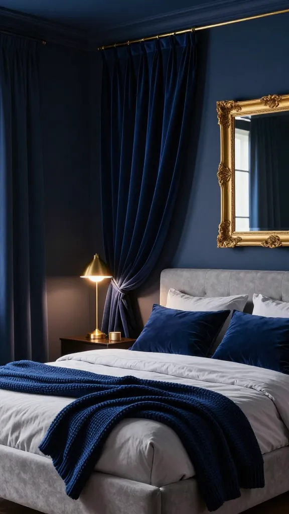 A high-quality, realistic photo of a sophisticated and cozy bedroom. The walls are painted a deep, rich navy blue, creating a dramatic, cocoon-like atmosphere. The centerpiece is a bed with a plush, light grey upholstered headboard. On either side, brass table lamps cast a warm glow, and a chic gold-framed mirror adorns a nearby wall. Heavy, floor-length velvet curtains in a coordinating navy blue hang elegantly, complementing the luxurious vibe. A chunky knit throw blanket is draped invitingly over the bed. The scene is captured with professional interior design photography, sharp focus, and no text.