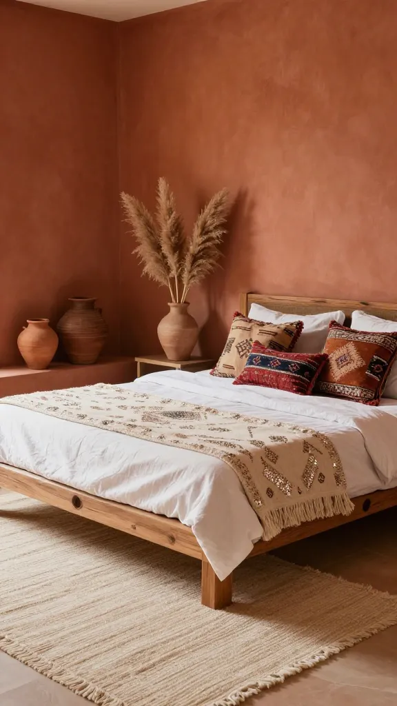 A high-quality, realistic photograph capturing a warm and inviting bohemian bedroom. The walls are painted in a rich, sun-baked terracotta hue, creating a cozy desert-inspired atmosphere. Natural light streams in gently, highlighting the textures. A low-slung bed with a sturdy, natural reclaimed wood frame is centrally placed. It's dressed with crisp white linen sheets, layered with a creamy, sequin-embellished Moroccan wedding blanket as a throw, and an abundant collection of diverse patterned kilim pillows in earthy tones and subtle bright accents. The floor is covered by a large, thick, off-white Beni Ourain rug, adding plush comfort. On a simple, minimalist bedside table, a tall ceramic vase holds a graceful arrangement of dried pampas grass. A few rustic, varying-sized terracotta pots are artfully arranged on the floor and a shelf, enhancing the natural, global vibe. No text on image.