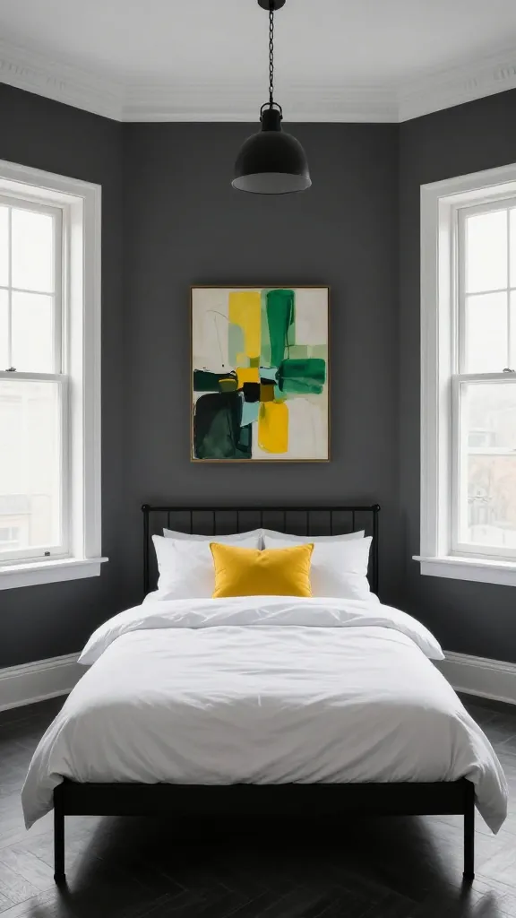 A high-angle, realistic, professional photograph of a sophisticated and moody bedroom interior. The walls are painted a dramatic, deep charcoal gray, creating an enveloping, chic sanctuary. Crisp white trim frames the windows and baseboards, providing a sharp contrast against the dark walls. A clean, minimalist black metal bed frame is centered in the room, dressed with luxurious white bedding. On the bed, a single, bold mustard yellow accent pillow provides a vibrant pop of color. Above the bed, a piece of vibrant, abstract artwork with touches of green and yellow adds another focal point. An industrial-style black metal pendant light hangs from the ceiling, subtly illuminating the space. The room feels modern, inviting, and meticulously styled. No text.