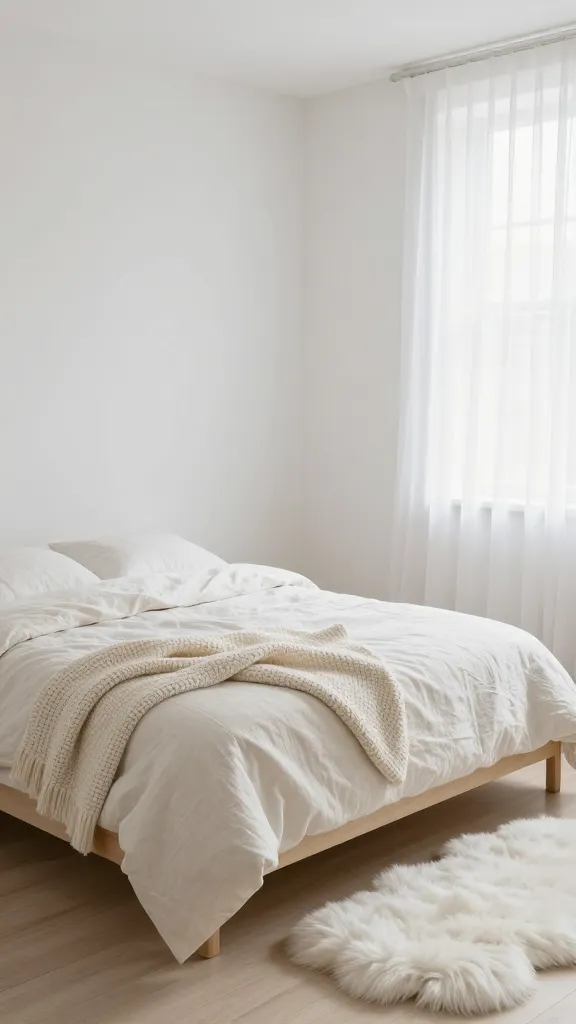 A high-angle, wide shot of a serene, minimalist bedroom bathed in soft natural light. The walls are painted a crisp, gallery white with a subtle warm undertone, creating a clean and expansive backdrop. A simple, functional bed frame made of light, natural wood stands against one wall. The bed is dressed with a luxurious, off-white linen duvet cover, artfully layered with a chunky cream knit blanket draped across the foot. Adjacent to the bed, a plush, white faux fur rug adds a soft textural contrast on the light wooden floor. Large windows are adorned with delicate, sheer white curtains that gently diffuse the sunlight. The overall aesthetic is one of calm sophistication, emphasizing texture and light within a predominantly white palette. Realistic photo, high resolution, no text.
