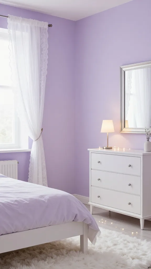 A high-quality, realistic interior photograph of a serene and dreamy bedroom. The walls are painted in a soft, ethereal light lavender hue, creating a deeply calming atmosphere. White, delicate furniture, including a simple bed frame and a minimalist dresser, keeps the room feeling airy and delicate. White lace curtains softly frame a window, allowing gentle light to filter in. Subtle silver accents are visible in a sleek mirror frame on the wall and the base of a modern table lamp on the nightstand. A plush, fluffy white rug covers part of the floor, adding to the comfort. A gentle sprinkle of warm fairy lights is artfully draped, subtly glowing, adding a whimsical, almost magical touch to the tranquil space.