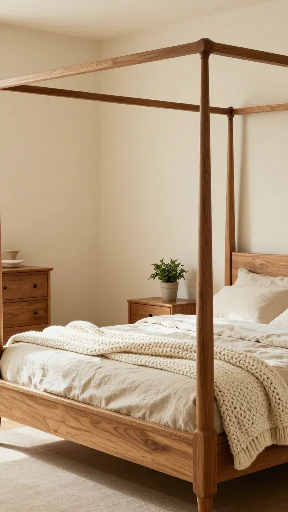 A serene, sunlit bedroom featuring warm cream walls. A grand, sturdy four-poster bed made of rich, natural wood stands centrally, adorned with oatmeal linen bedding and an off-white chunky knit throw draped artfully. A matching solid wood dresser and nightstand are visible, with a small potted green plant on the nightstand. Soft natural light streams in, highlighting the textures and creating a timeless, cozy, and woodsy atmosphere. High-resolution, realistic photograph.
