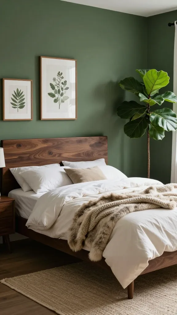 A serene and inviting bedroom bathed in soft, diffused natural light. The walls are painted a deep, grounding forest green, creating a calming, immersive atmosphere. A comfortable bed with a dark walnut or mahogany wood headboard is the focal point, dressed with crisp white and cream bedding. Layered on the bed are a luxurious faux fur throw and a chunky knitted blanket, adding rich texture. A natural fiber rug partially extends from under the bed, grounding the space. A dark wood bedside table (walnut or mahogany) holds a minimalist lamp. Framed botanical prints adorn one wall, and a vibrant, healthy live plant (e.g., a large fiddle-leaf fig or Monstera) sits in a corner, enhancing the organic, earthy feel. Realistic, high-quality interior design photograph. No text.