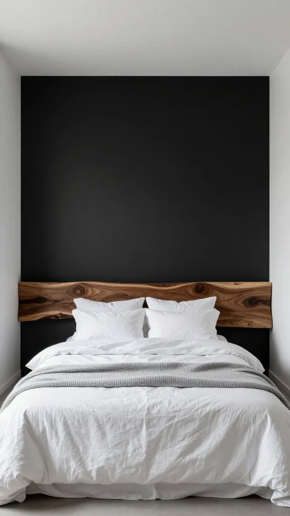 A high-resolution, realistic photo of a modern bedroom interior. The main focal point is a luxurious bed centered against a striking, matte black accent wall, which stretches behind it, creating dramatic depth and an edgy statement. The other three walls in the room are painted a crisp, clean white, providing a stark contrast and preventing the space from feeling too dark. A substantial, live-edge natural wood slab headboard is mounted against the black wall, adding organic texture and warmth. The bed is impeccably dressed with layered, textured white linen bedding, including fluffy pillows and a light grey knitted throw blanket, inviting comfort and softness. Soft, ambient lighting subtly highlights the textures and sophisticated mood of the room. Interior design magazine quality, no text.