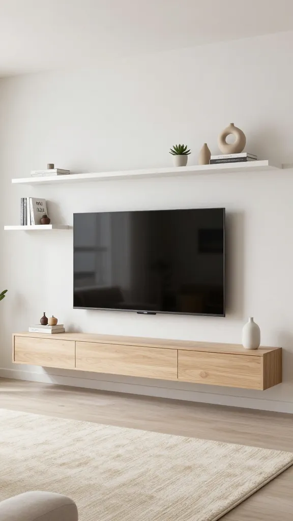 A realistic, high-quality photograph of a modern living room's TV wall. A large, sleek flat-screen television is mounted seamlessly on a clean wall. Below it, a low-slung, custom-built floating media console, finished in a neutral light wood tone, is integrated into the wall, offering subtle indications of ample hidden storage. Asymmetrical crisp white floating shelves are artfully arranged above and to one side of the TV, displaying a few curated, minimalist decor pieces like a small succulent, a sculptural ceramic vase, and a couple of art books. A large, soft cream-colored area rug grounds the space in front of the console, adding texture and warmth. The overall aesthetic is clean, modern, and inviting, bathed in soft, natural light. No text.